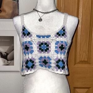 Crochet Granny Square Cropped Top Women's M Multicolor Floral Summer Sleeveless